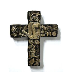 Vintage Signed Estela Ogazon 3D Milagros Wood Cross Mexican Folk Art